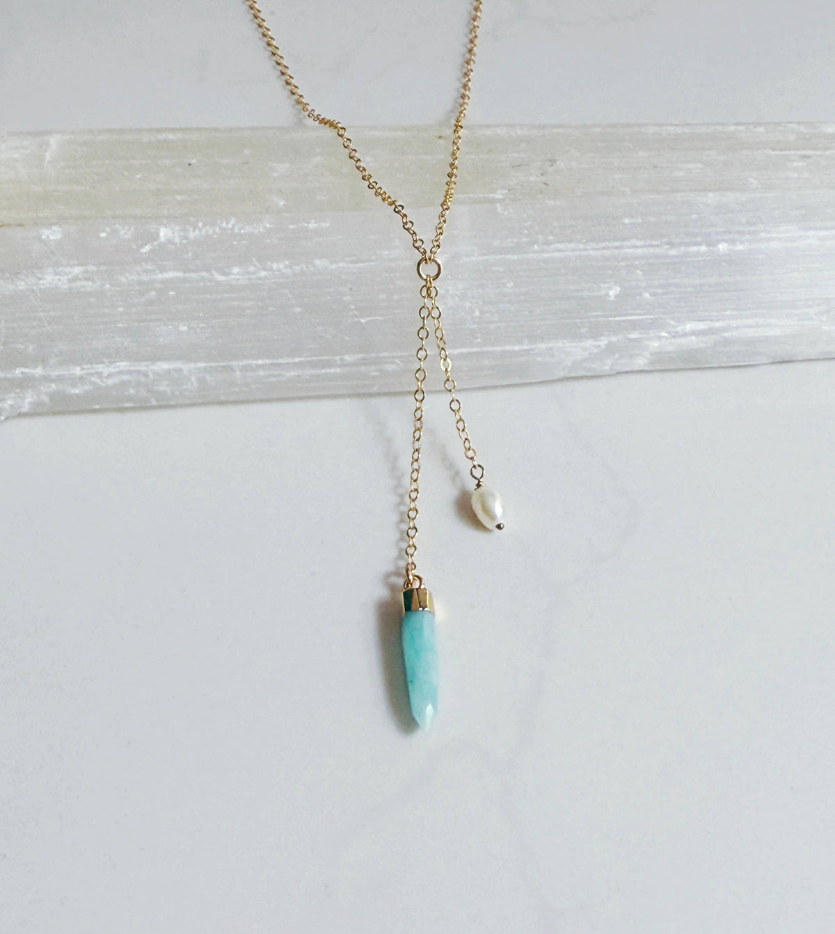 Amazonite and pearl lariat necklace