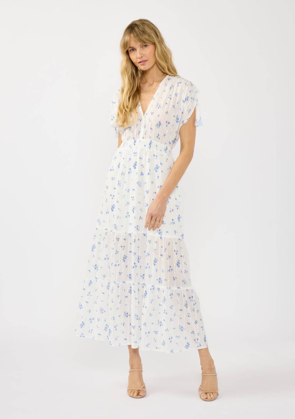 Smocked Waist Tiered Maxi Dress: WHITE/BLUE / L