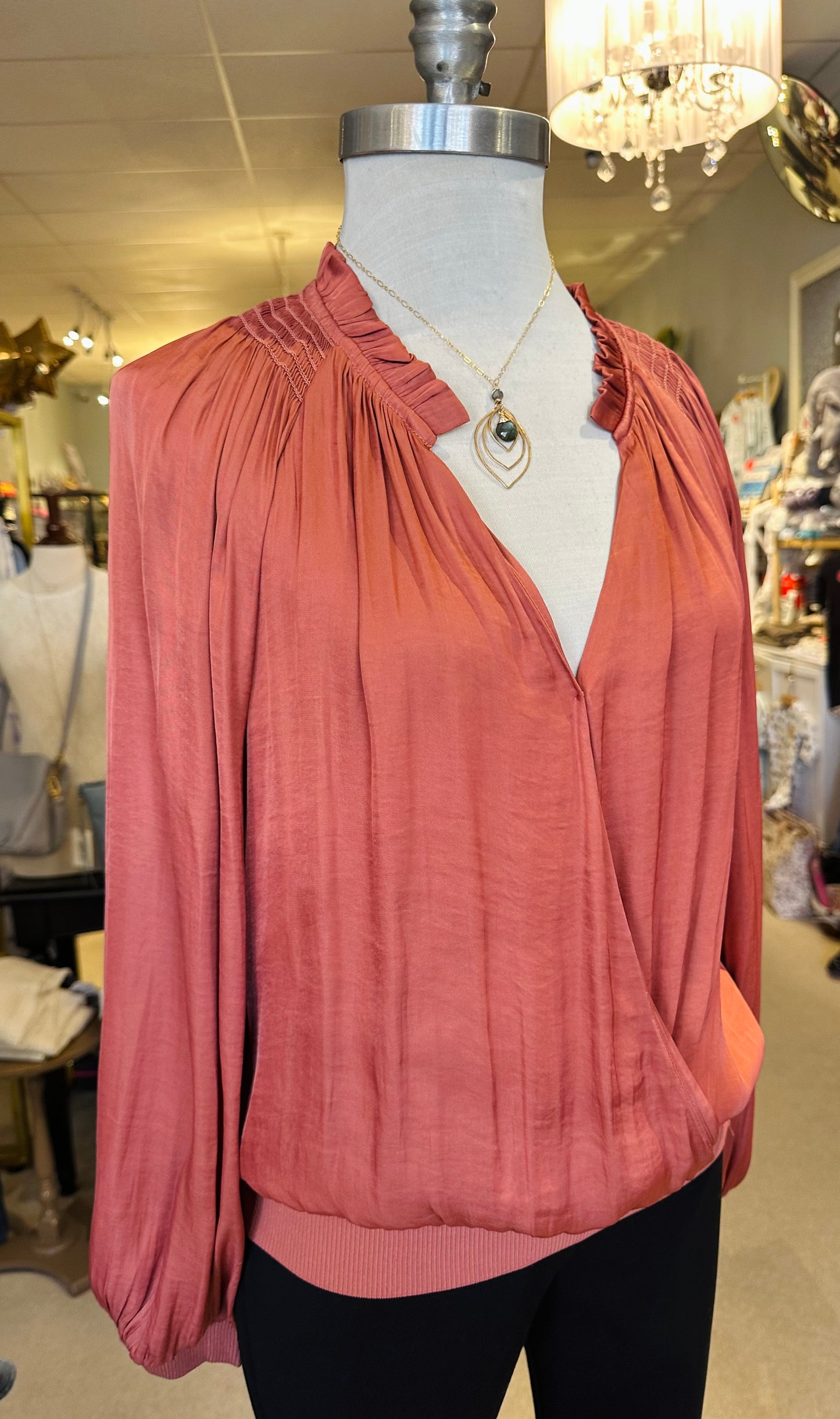 Current Air Rust Ribbed Band Blouse