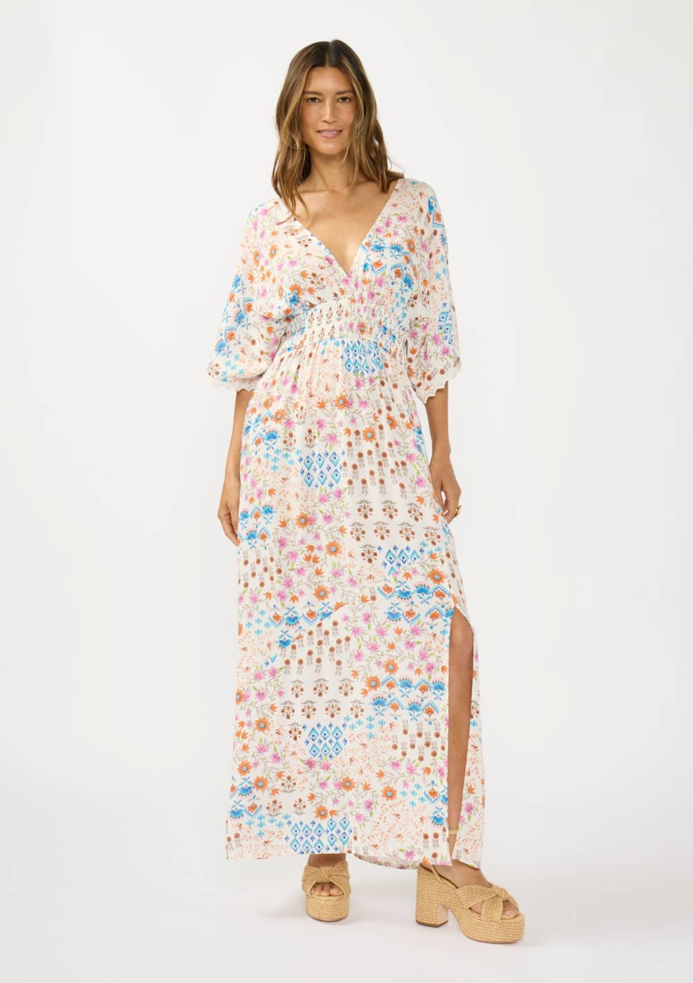 Kimono Sleeve Smocked Waist Maxi Dress with Front Slit: IVORY/ORANGE / SM