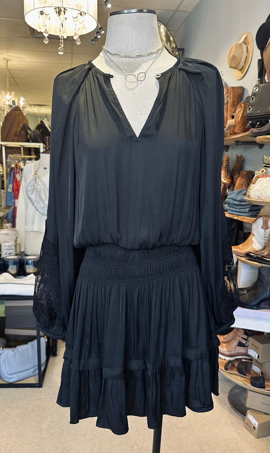 Current Air Black Mini Dress With Lace Sleeve Detail