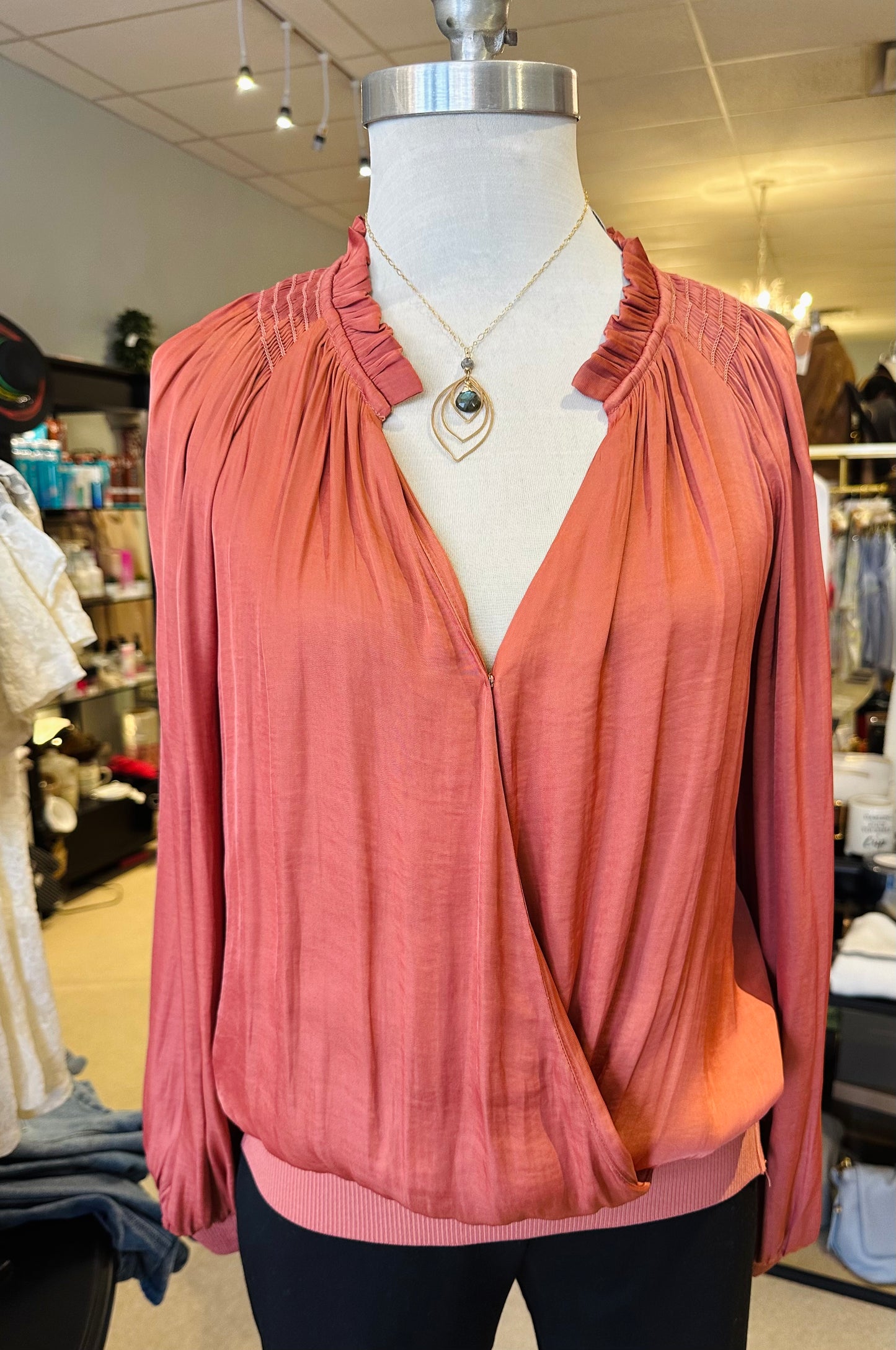 Current Air Rust Ribbed Band Blouse