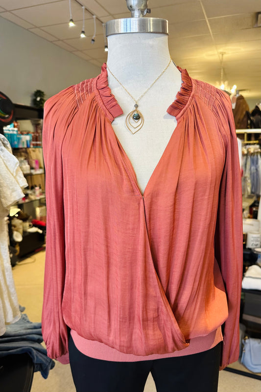 Current Air Rust Ribbed Band Blouse