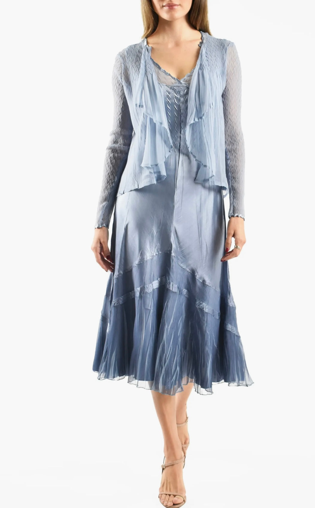 Komarov Persian Blue Ombré Dress With Ruffle Jacket