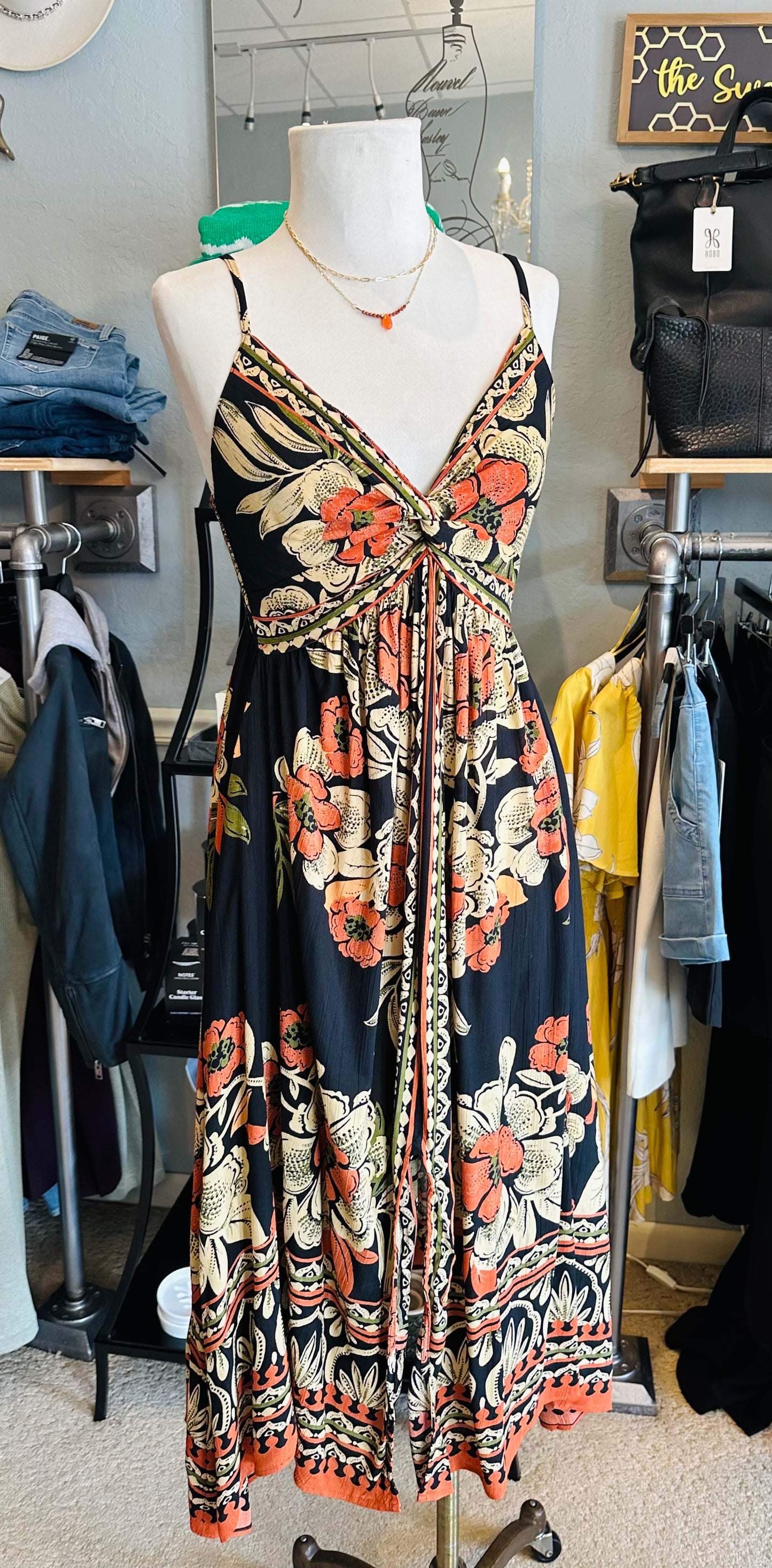 Angie Black Floral Front Slit Dress