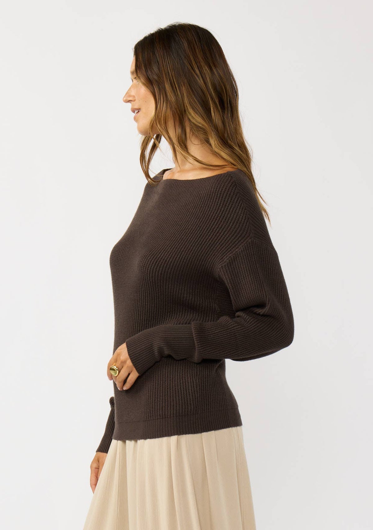 Long Sleeve Waffle Knit Pullover Sweater: Aubergine / L