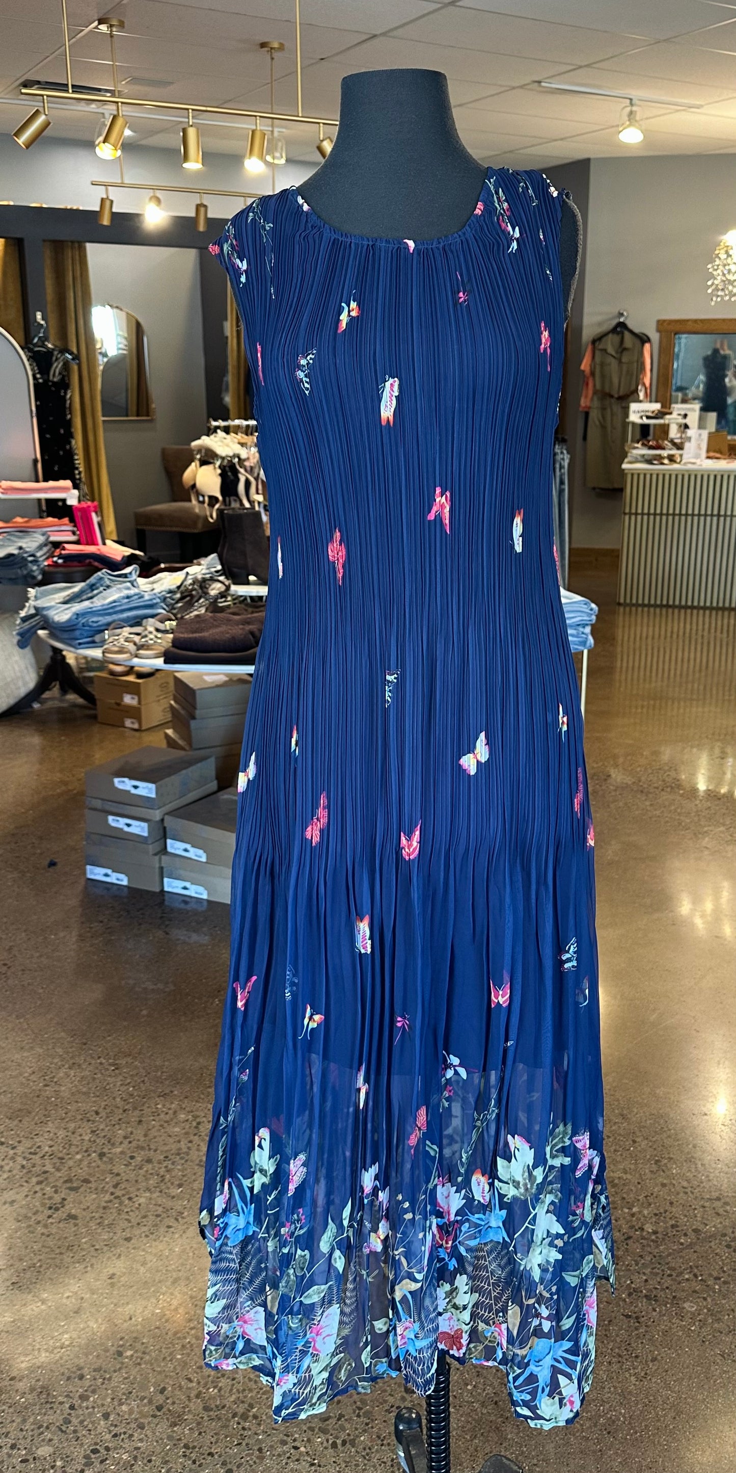 Picadilly Pleated Navy Dress W/ Butterflies