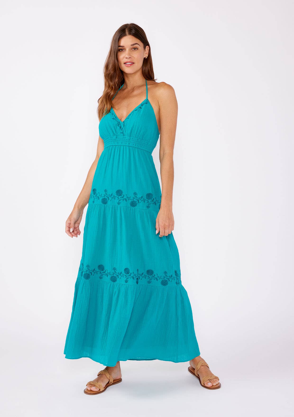 Boho Embroidered V Neck Tiered Halter Maxi Dress: Teal Blue / S