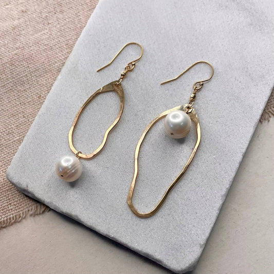 Asymmetrical Pearl Drop Earrings: 14k Gold Fill