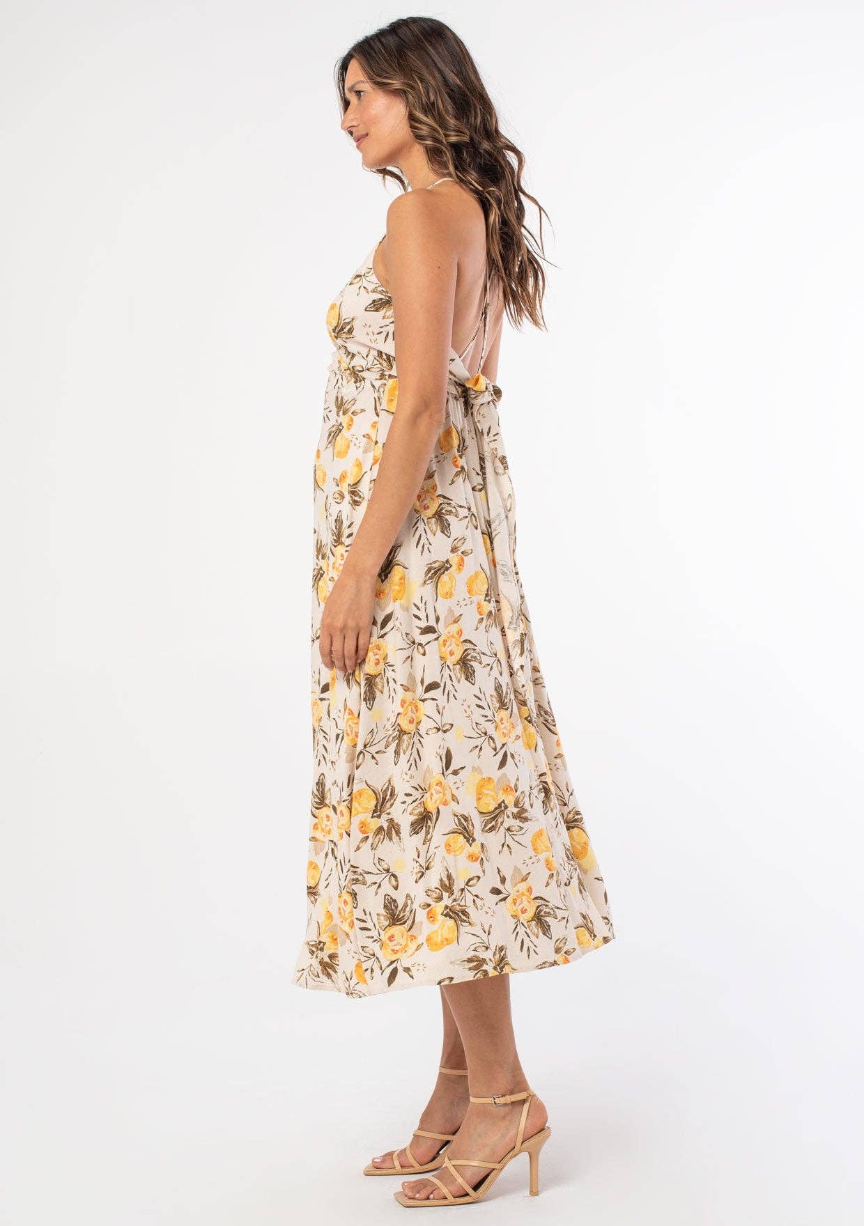 Linen Blend Cross Back Surplice Midi Dress: Natural/Yellow / L