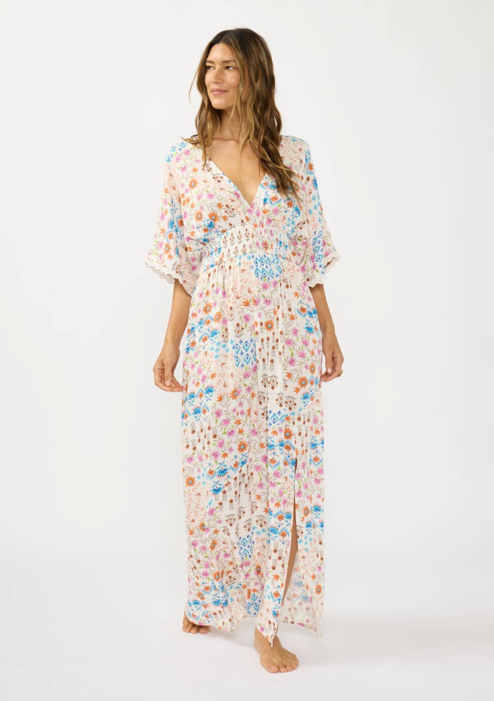 Kimono Sleeve Smocked Waist Maxi Dress with Front Slit: IVORY/ORANGE / SM