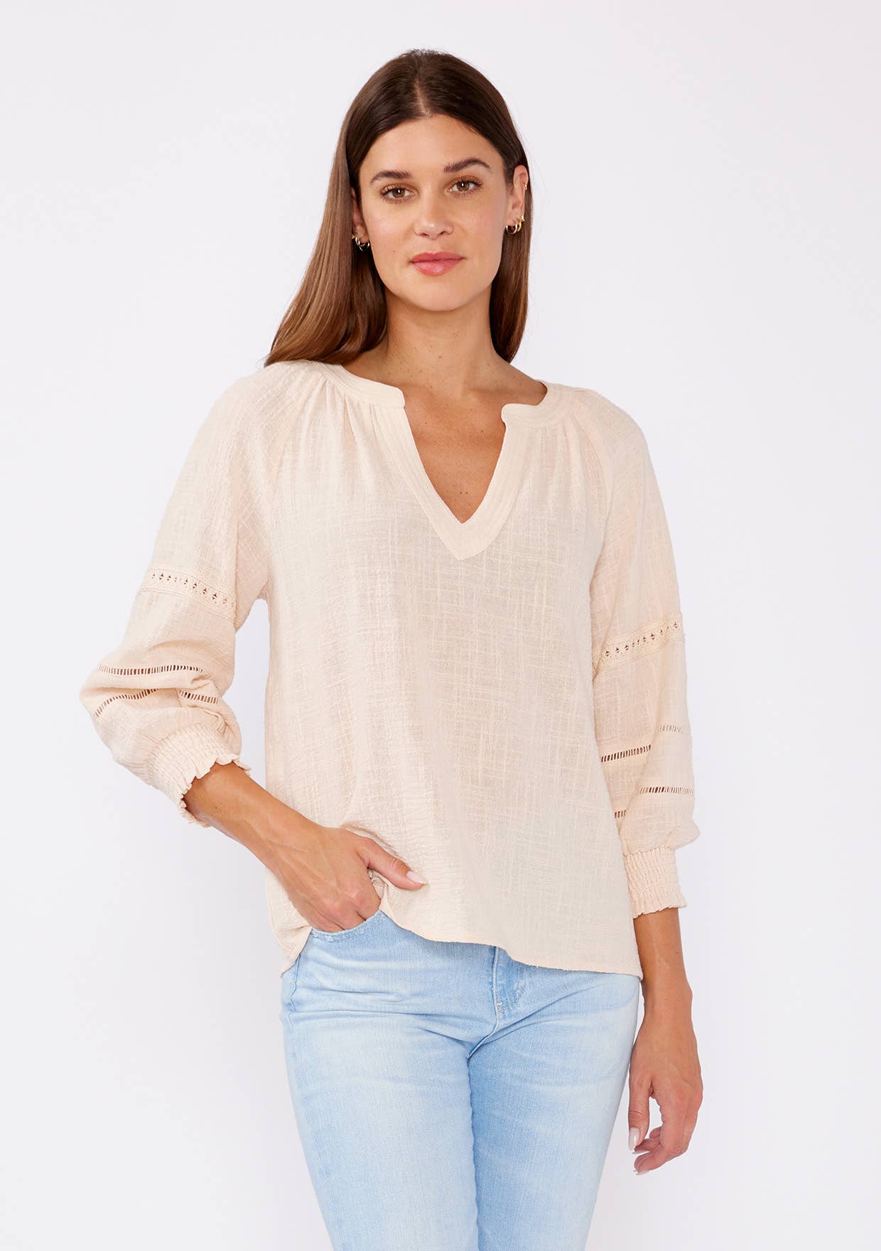 Smocked 3/4 Sleeve Lace Trim Blouse