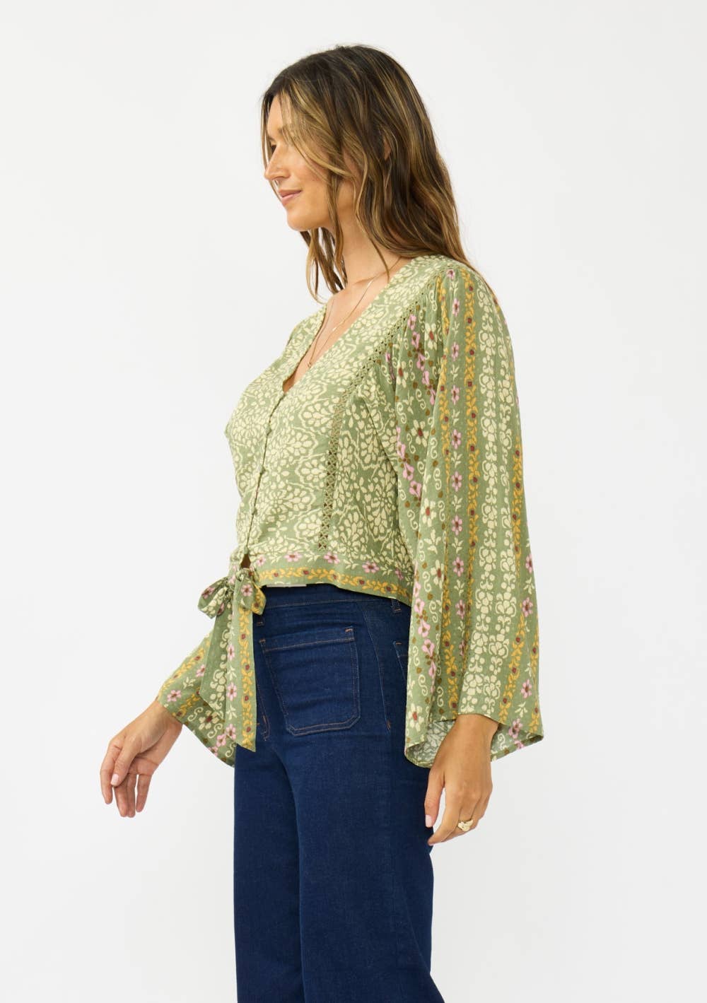 V-Neck Button-Down Tie Front Wide Sleeve Blouse w/ Lace Trim: OLIVE/ROSE / S