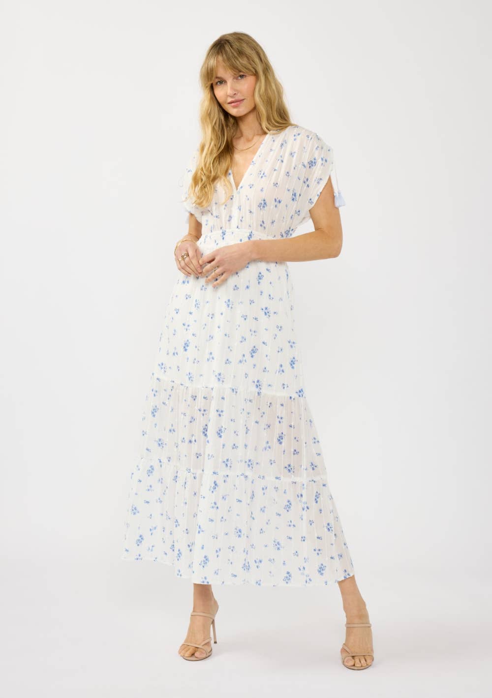 Smocked Waist Tiered Maxi Dress: WHITE/BLUE / S