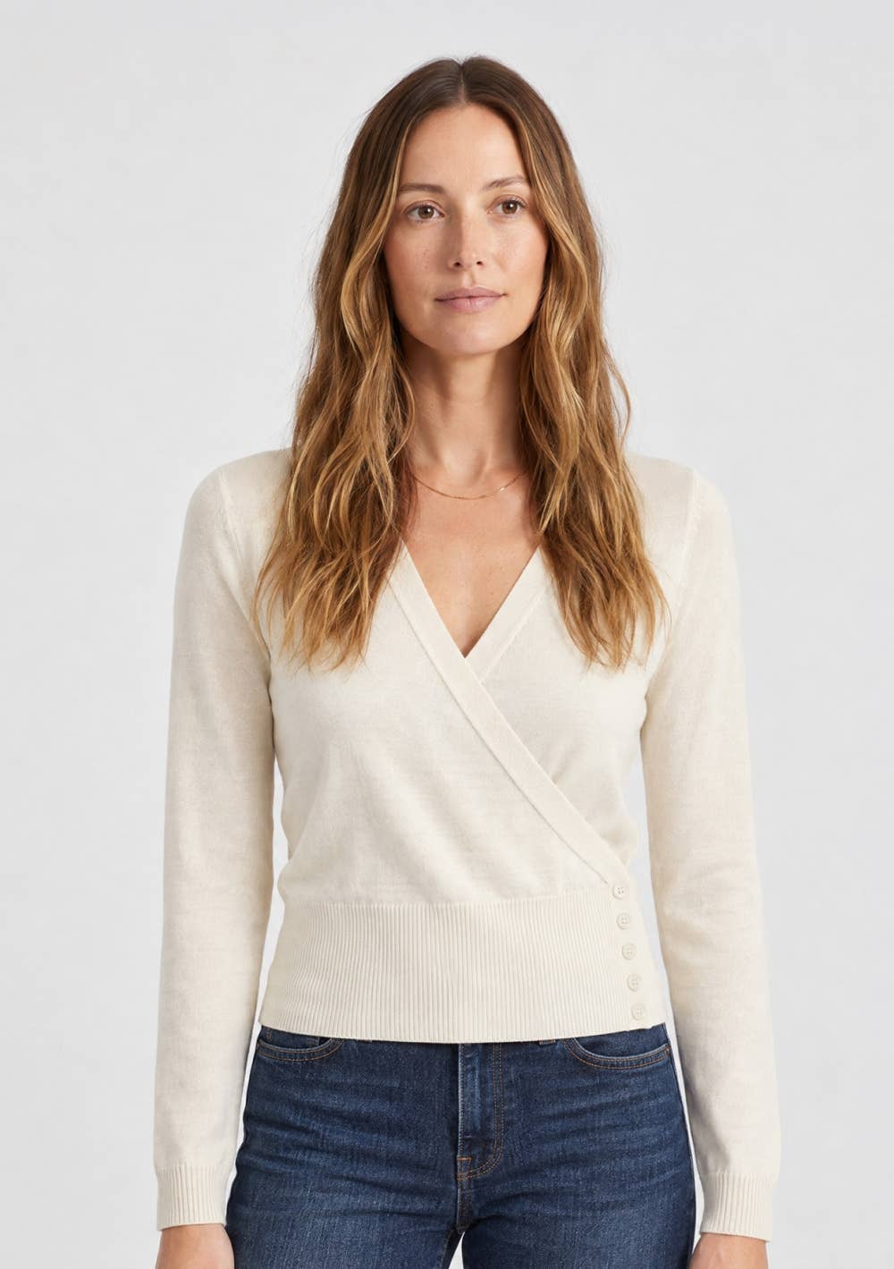 Button Wrap Cardigan With Wide Rib Hem: CREAM / M
