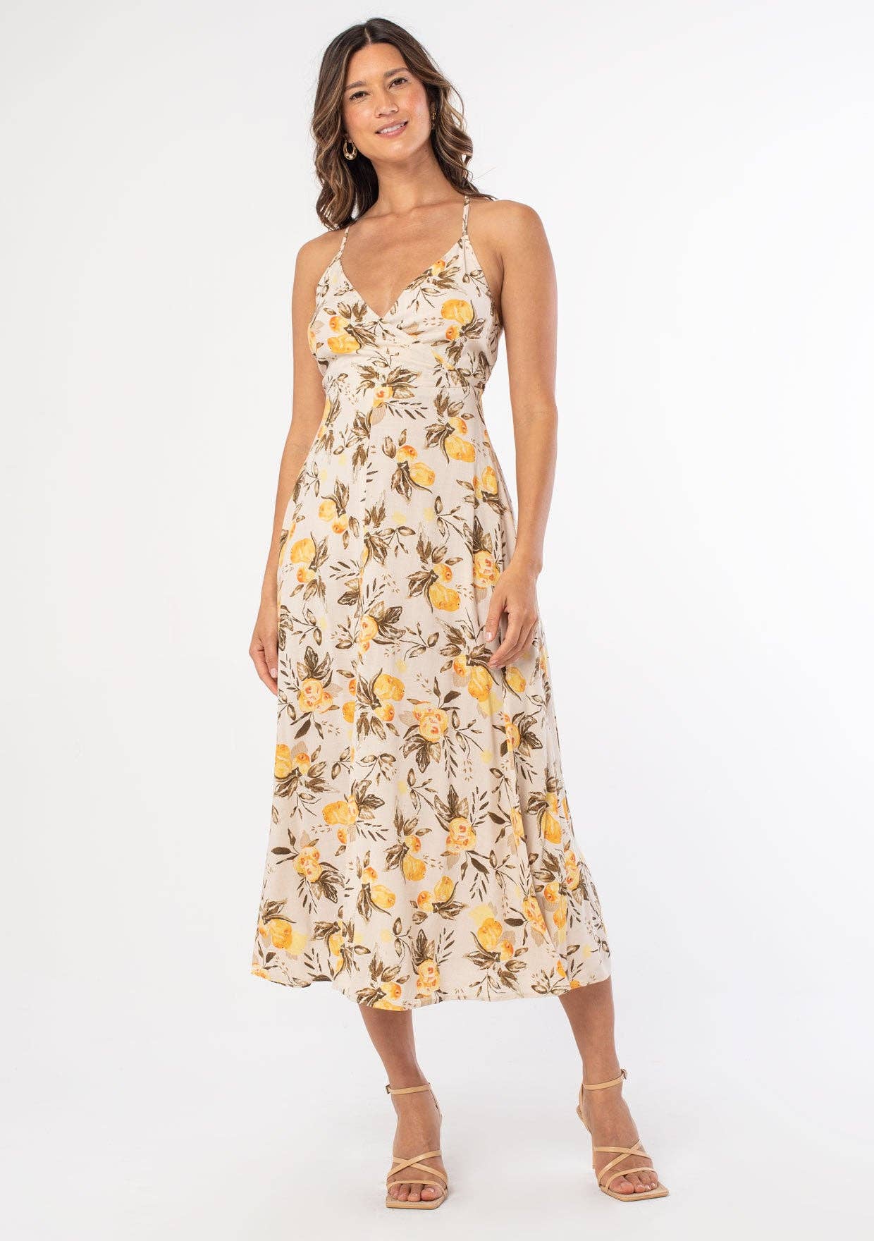 Linen Blend Cross Back Surplice Midi Dress: Natural/Yellow / L