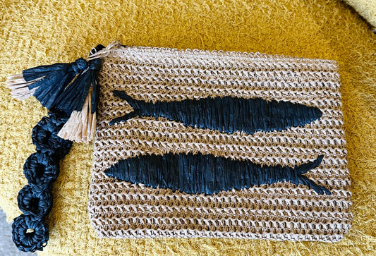 San Diego Hat Co. Crochet Paper Clutch W/Embroidered Sardines