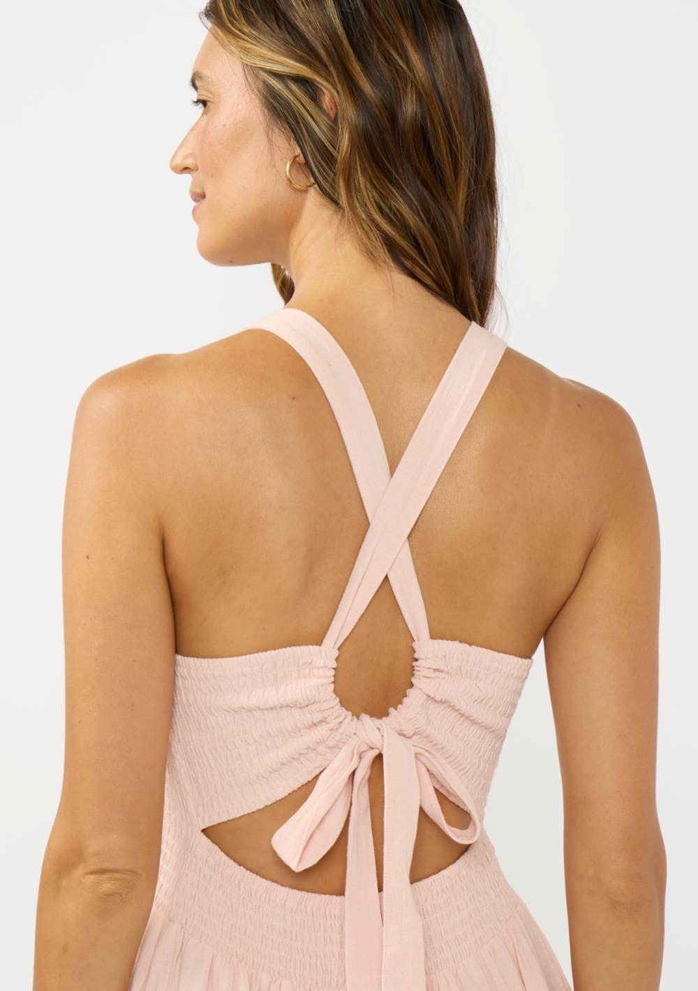 Smocked Tie Back Midi Dress: SHELL PINK / L