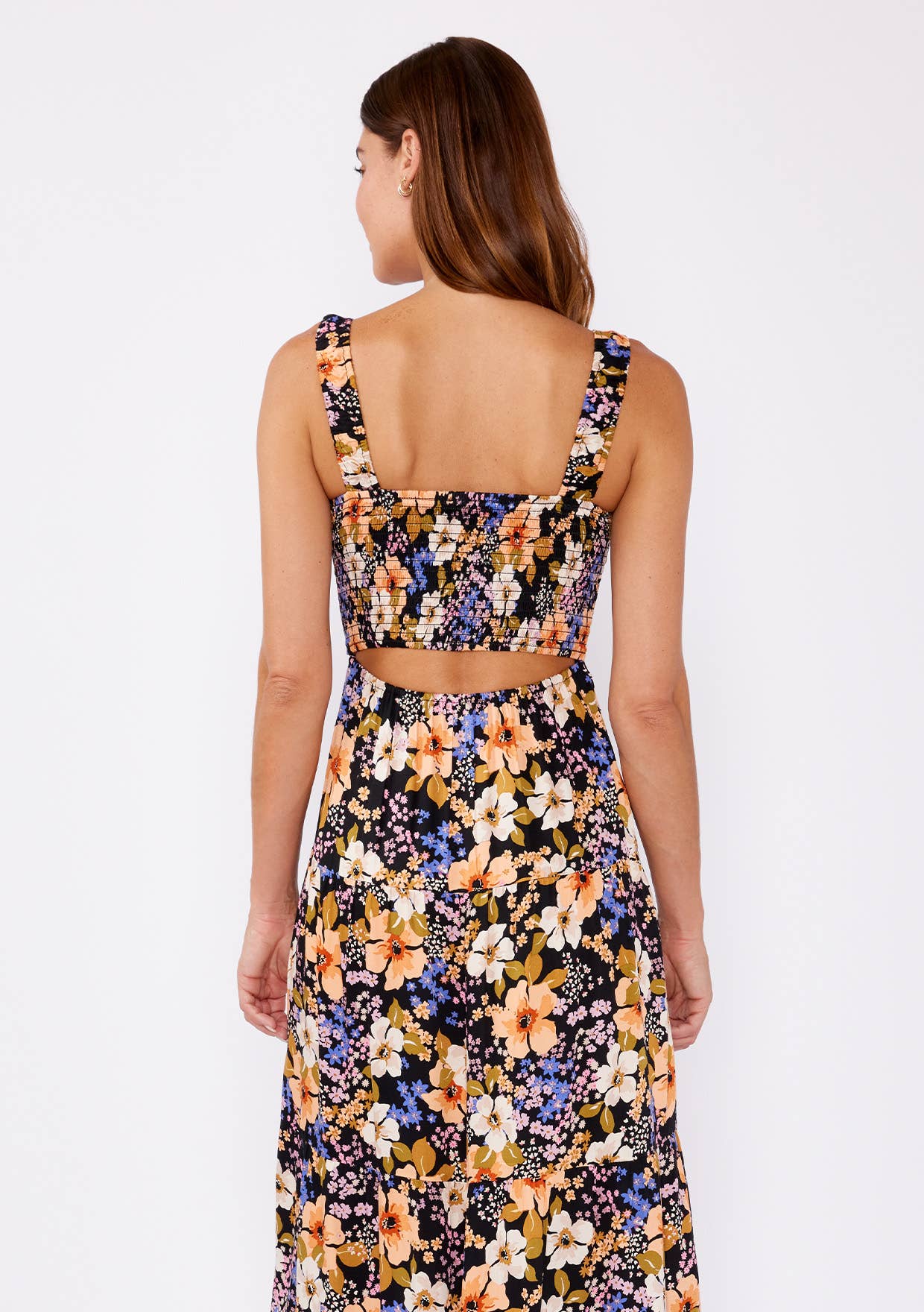 Floral Satin Smocked Tiered Maxi Dress: Black/Dusty Coral / S