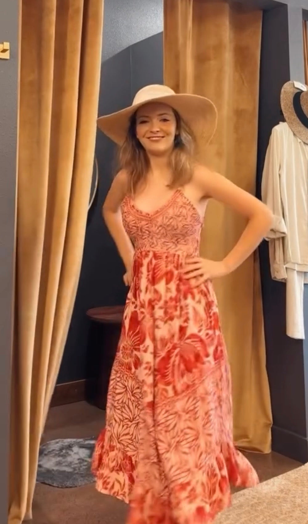 Angie Tan and Red Midi Dress