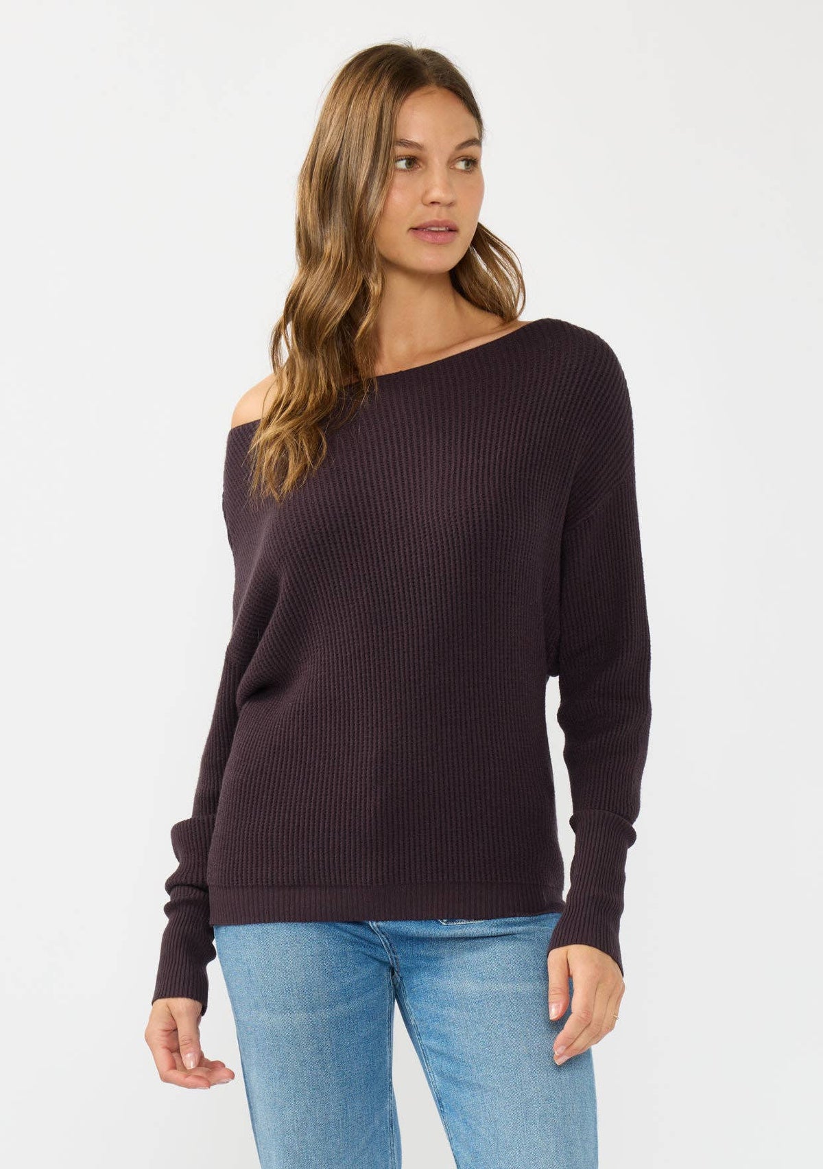 Long Sleeve Waffle Knit Pullover Sweater: Natural / L