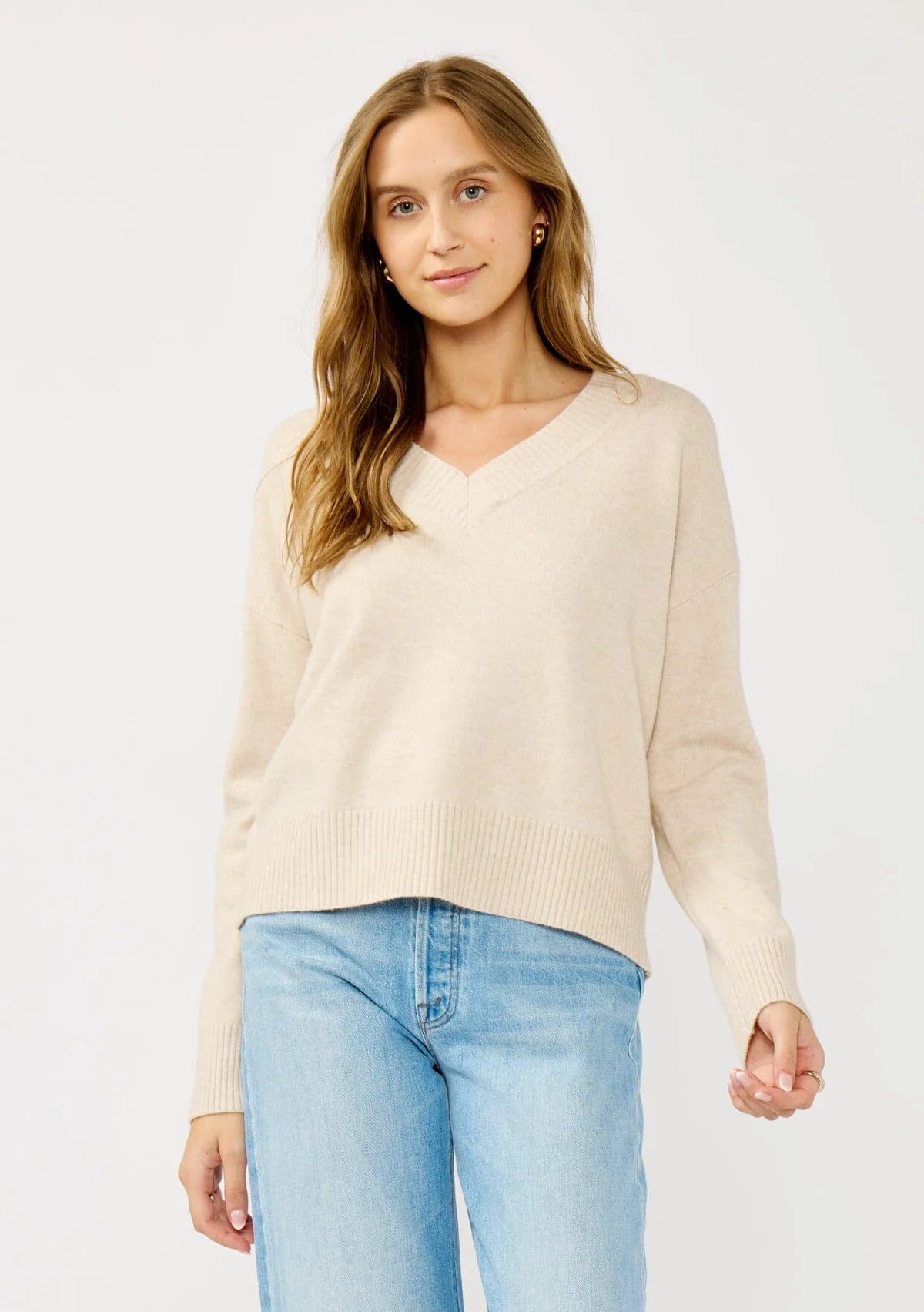 Lovestitch Drop Shoulder V-Neck Ribbed Sweater