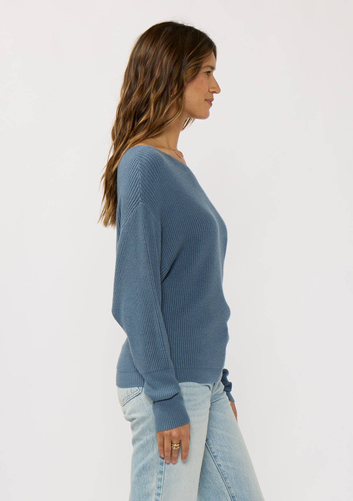 Long Sleeve Waffle Knit Pullover Sweater: Natural / L