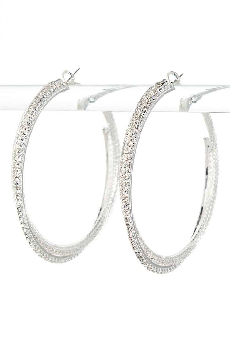 Twisted Rhinestone Iconic Hoop Earrings: Silver