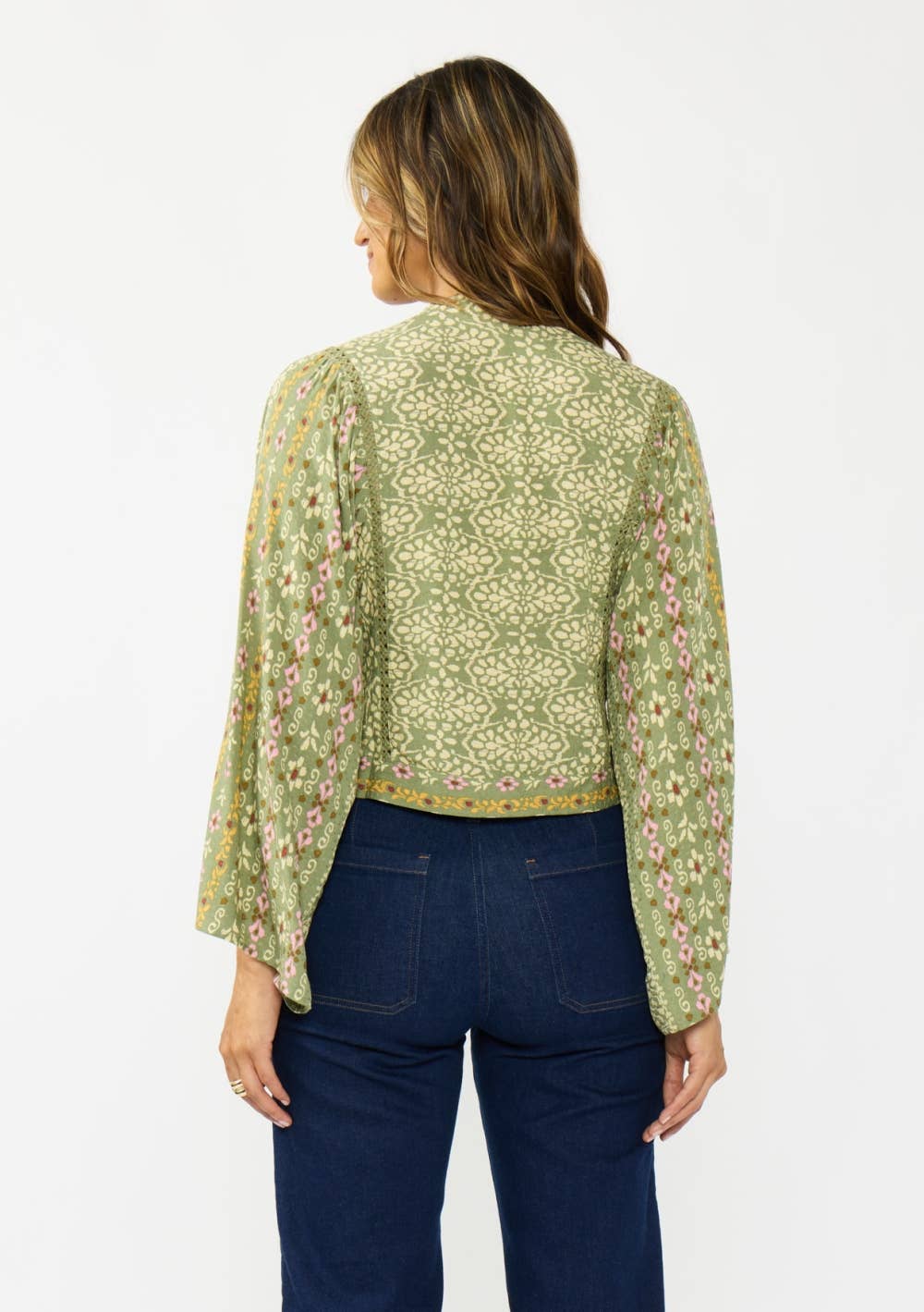 V-Neck Button-Down Tie Front Wide Sleeve Blouse w/ Lace Trim: OLIVE/ROSE / S