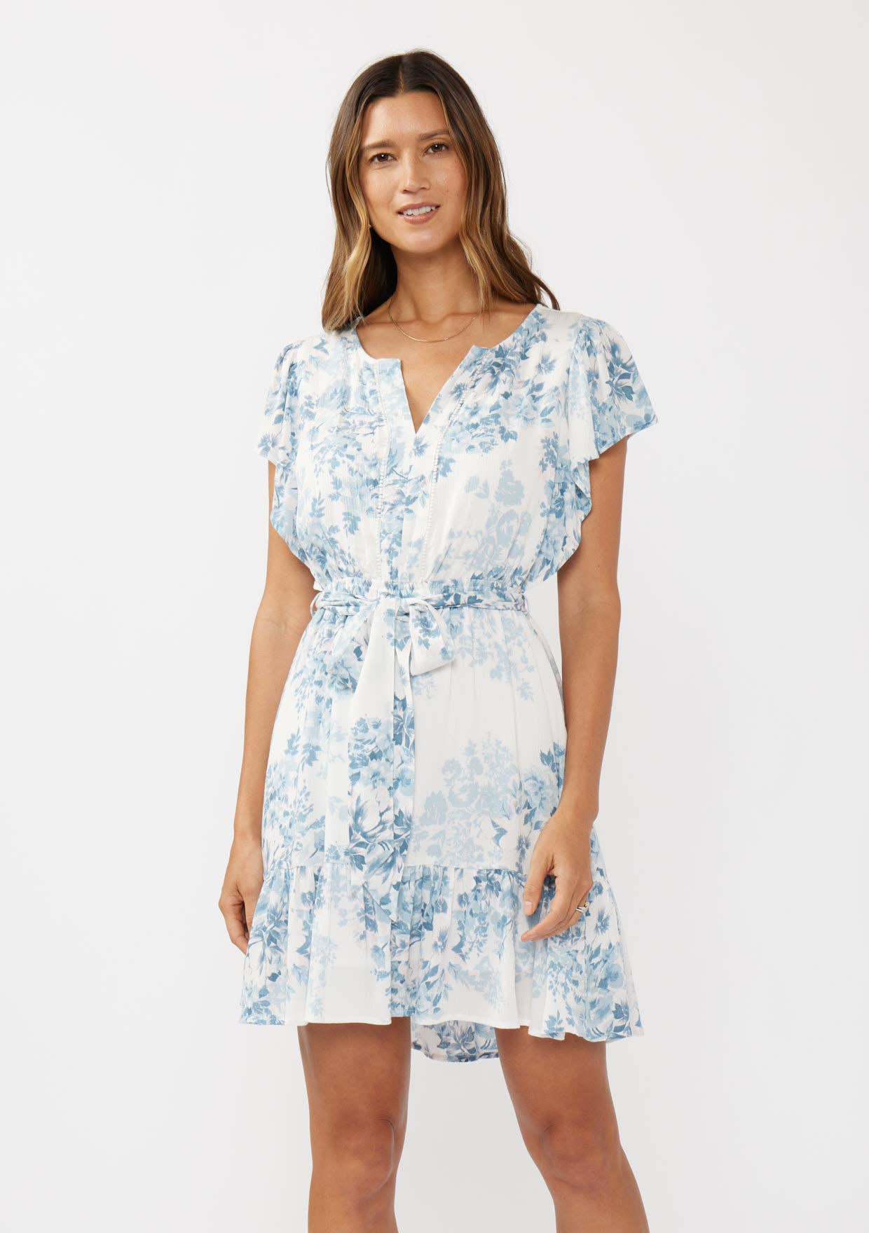 Floral Short Flutter Sleeve Belted Mini Dress: Ivory/Light Blue / L