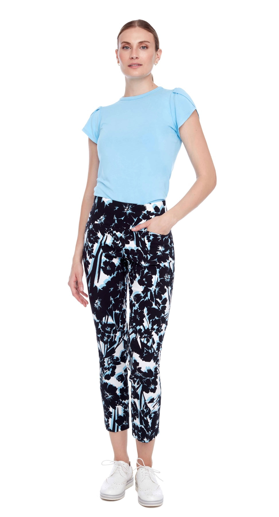 UP! Pull On Slim Leg Dahlia Print Pant