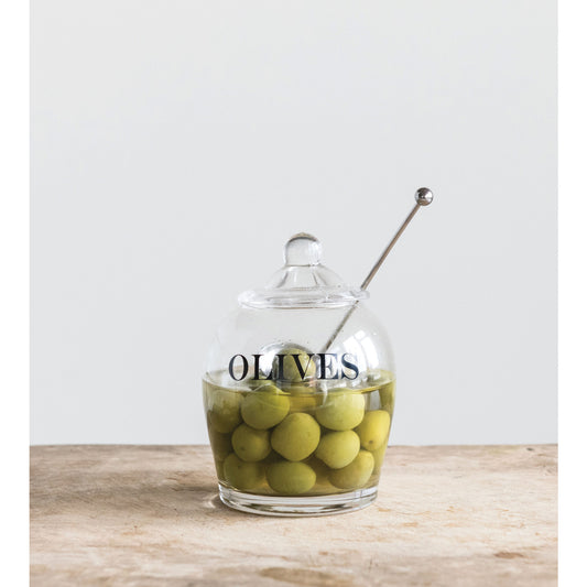Creative Coop Glass Olives Jar W/Spoon