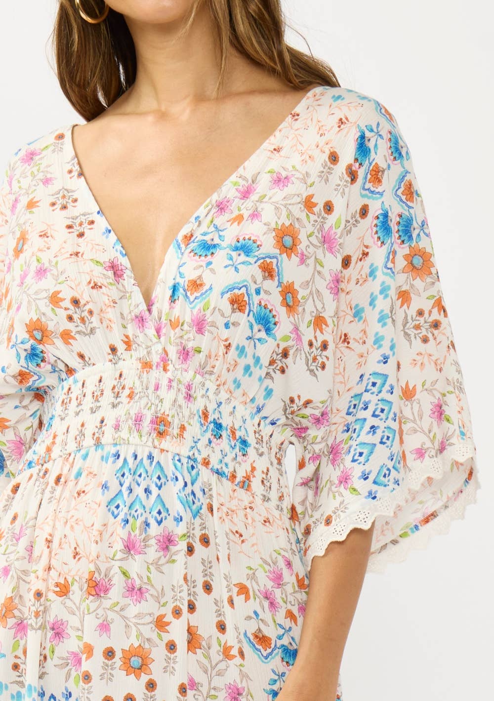 Kimono Sleeve Smocked Waist Maxi Dress with Front Slit: IVORY/ORANGE / ML