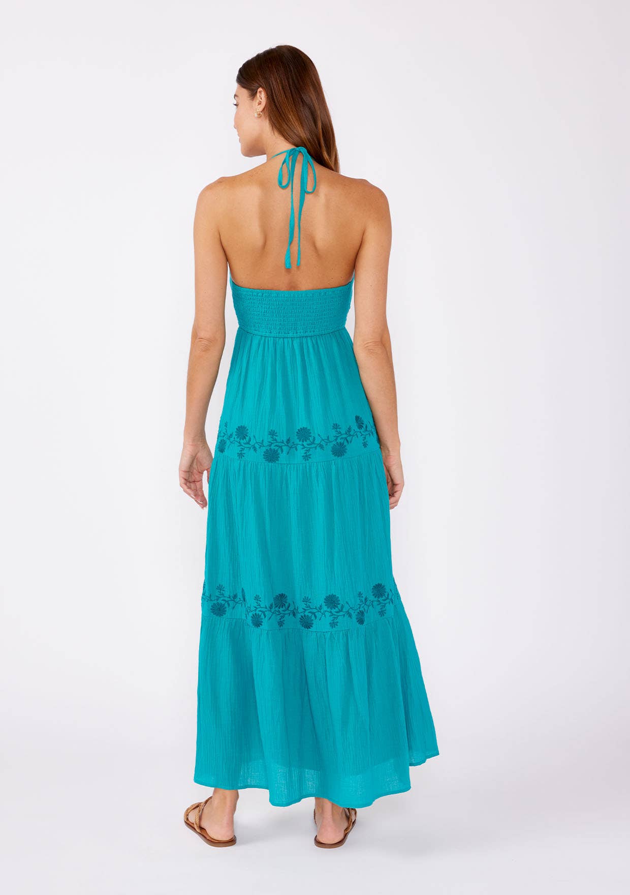 Boho Embroidered V Neck Tiered Halter Maxi Dress: Teal Blue / S