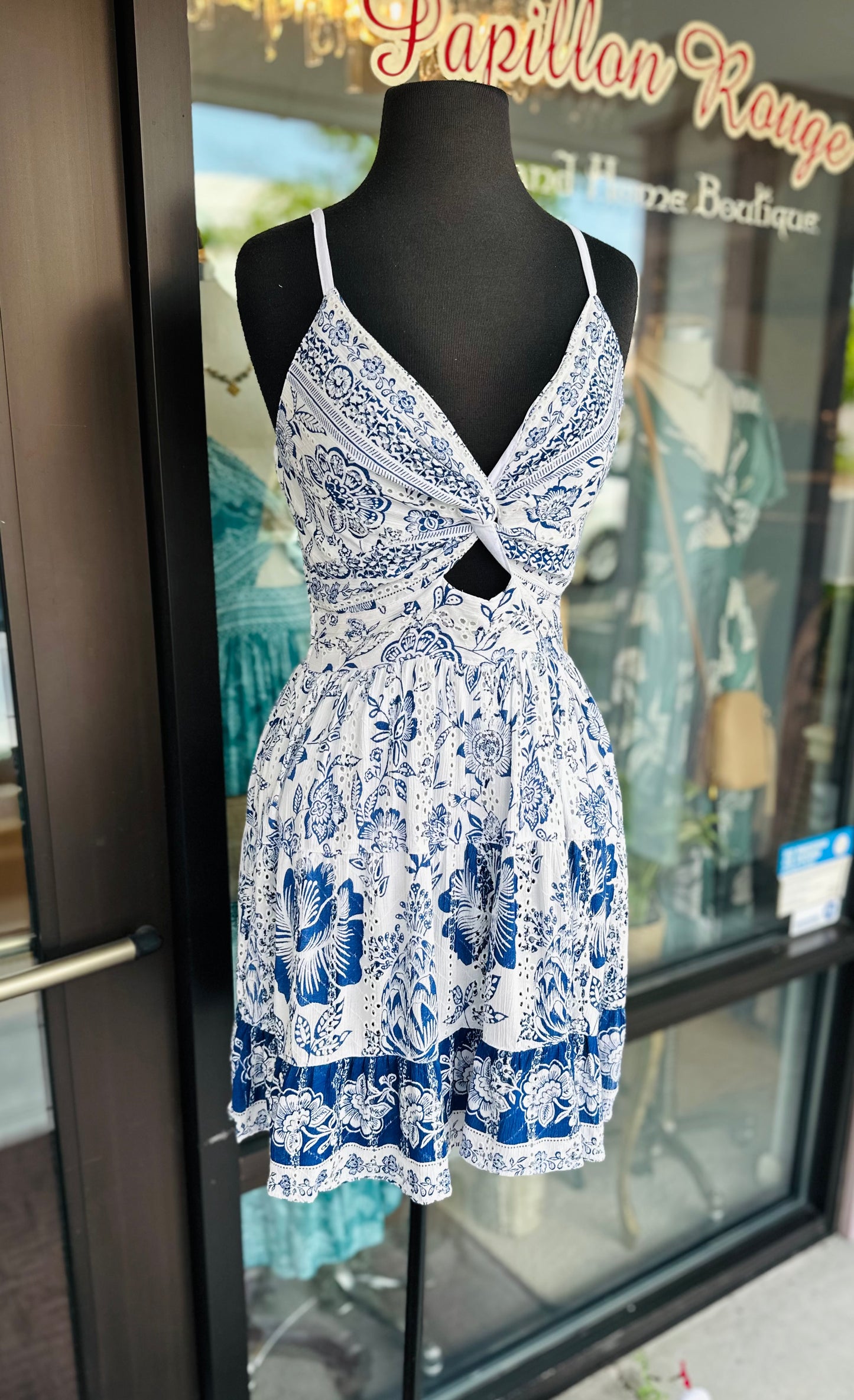 Angie Ivory And Blue Floral Eyelet Mini
