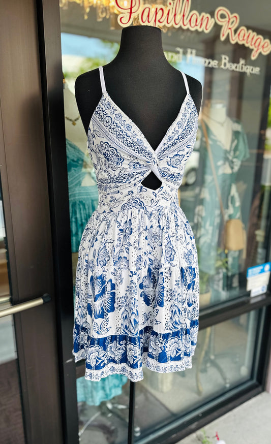 Angie Ivory And Blue Floral Eyelet Mini