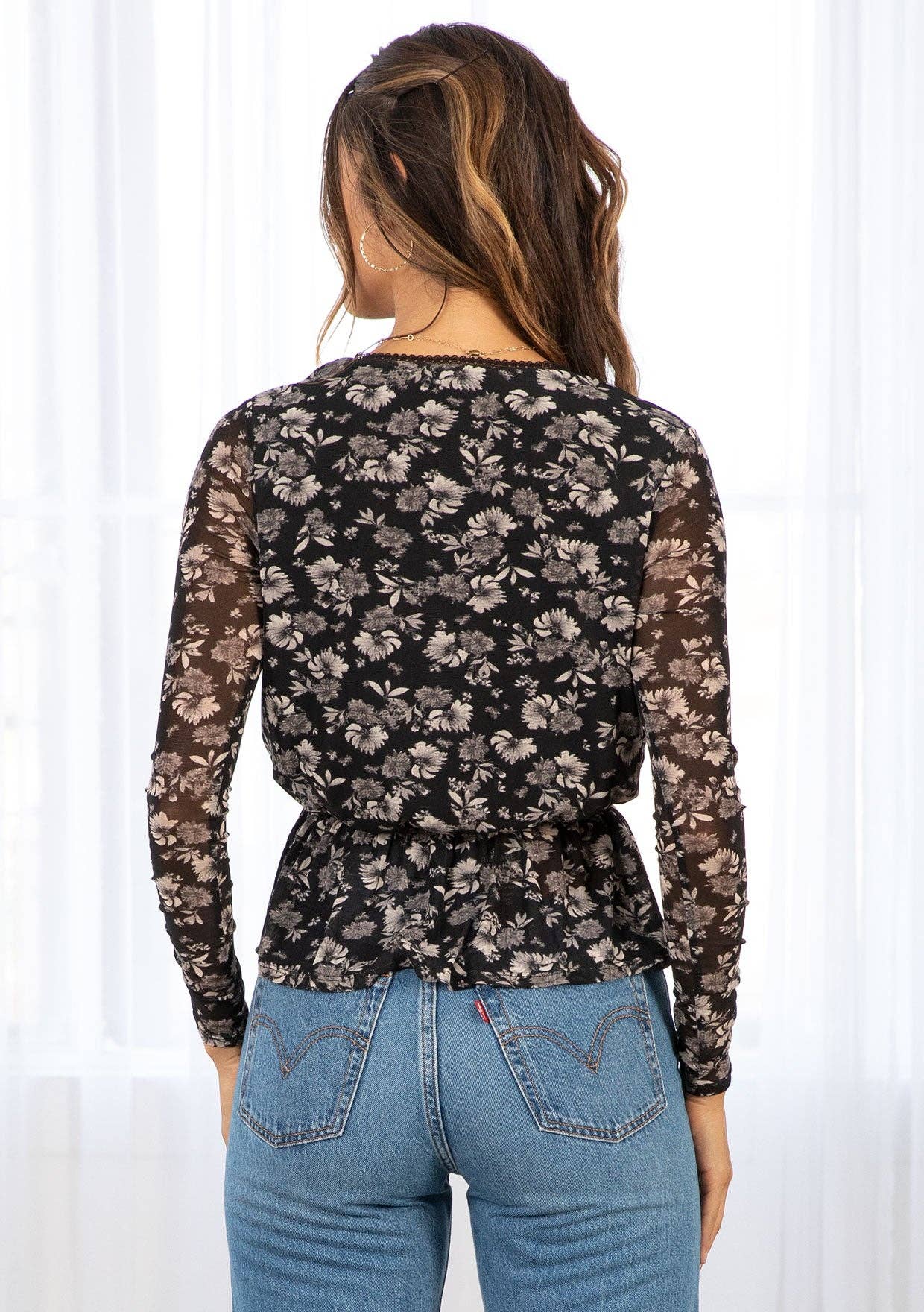 Floral Print Sheer Mesh Peplum Surplice Blouse