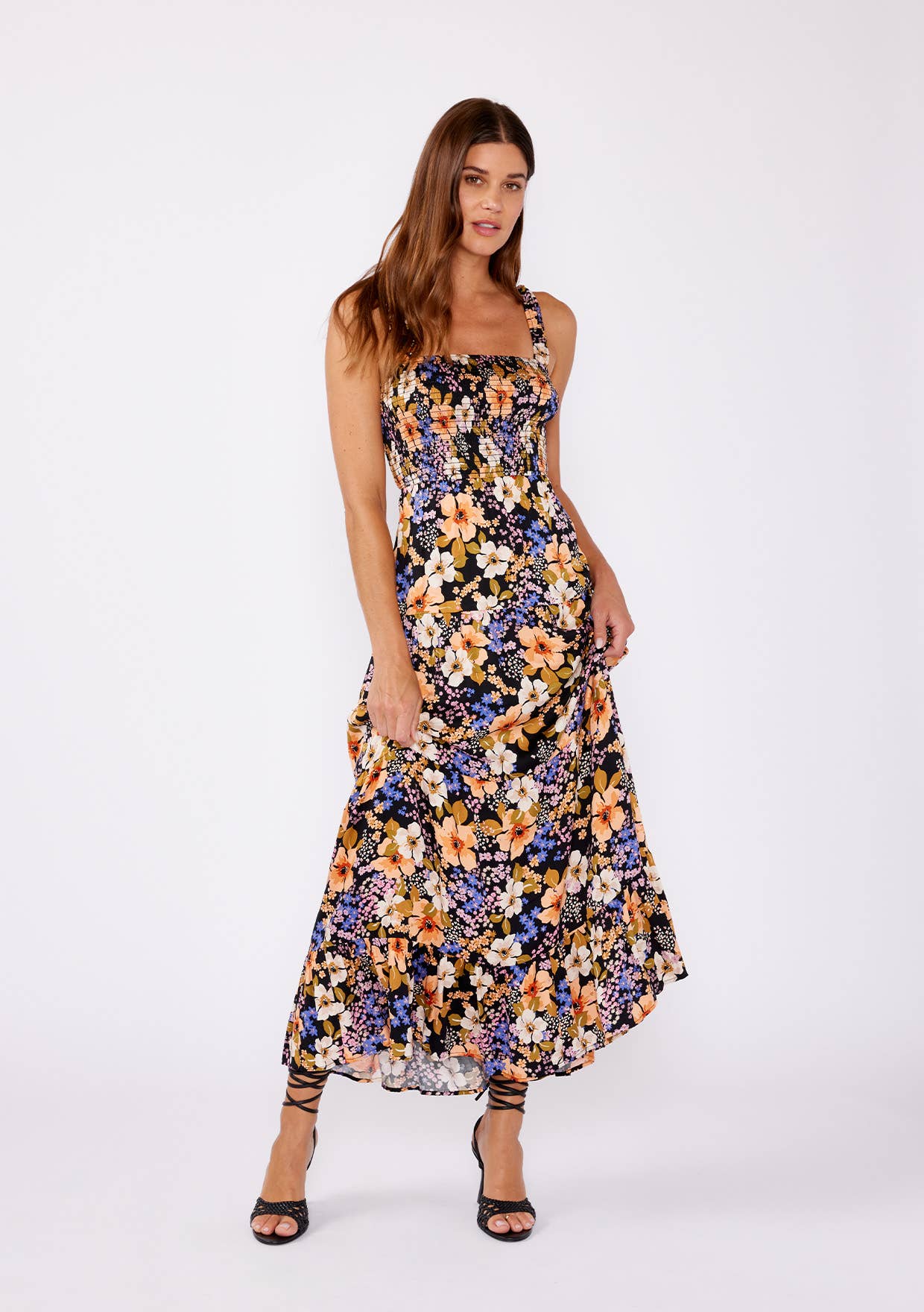 Floral Satin Smocked Tiered Maxi Dress: Black/Dusty Coral / L