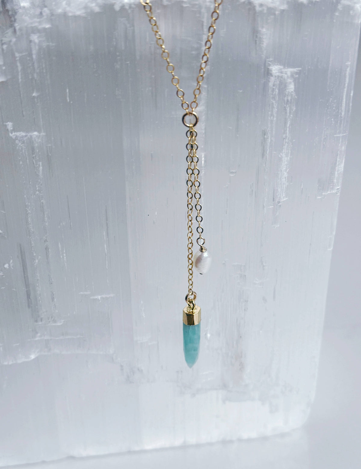 Amazonite and pearl lariat necklace 