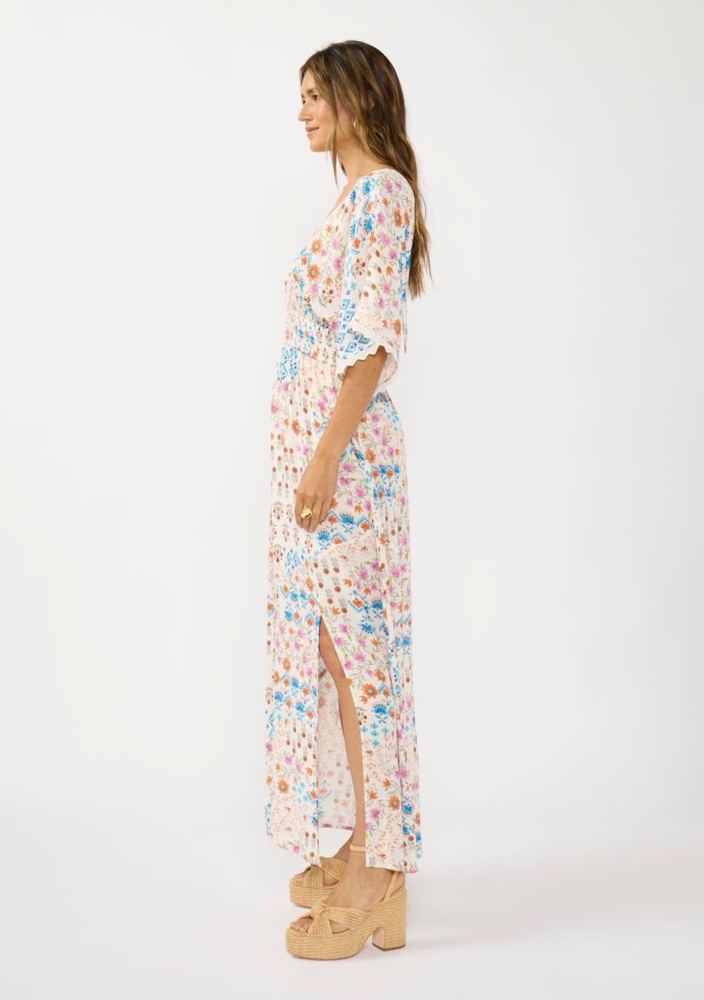Kimono Sleeve Smocked Waist Maxi Dress with Front Slit: IVORY/ORANGE / ML
