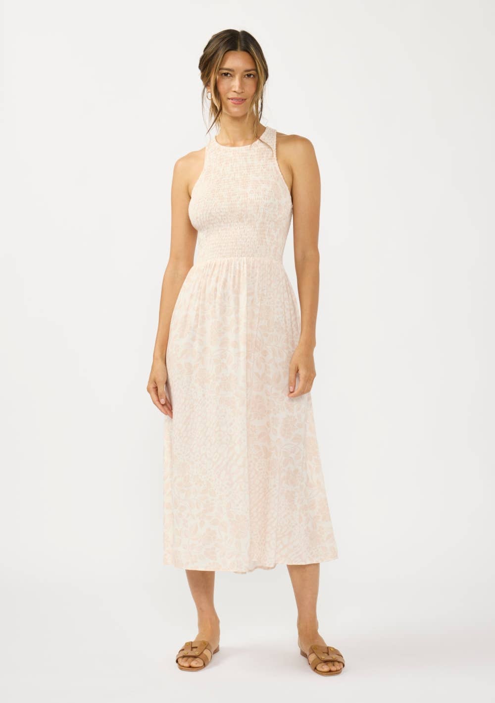 Smocked Bodice Tie Back Midi Dress: SHELL/CREAM / L