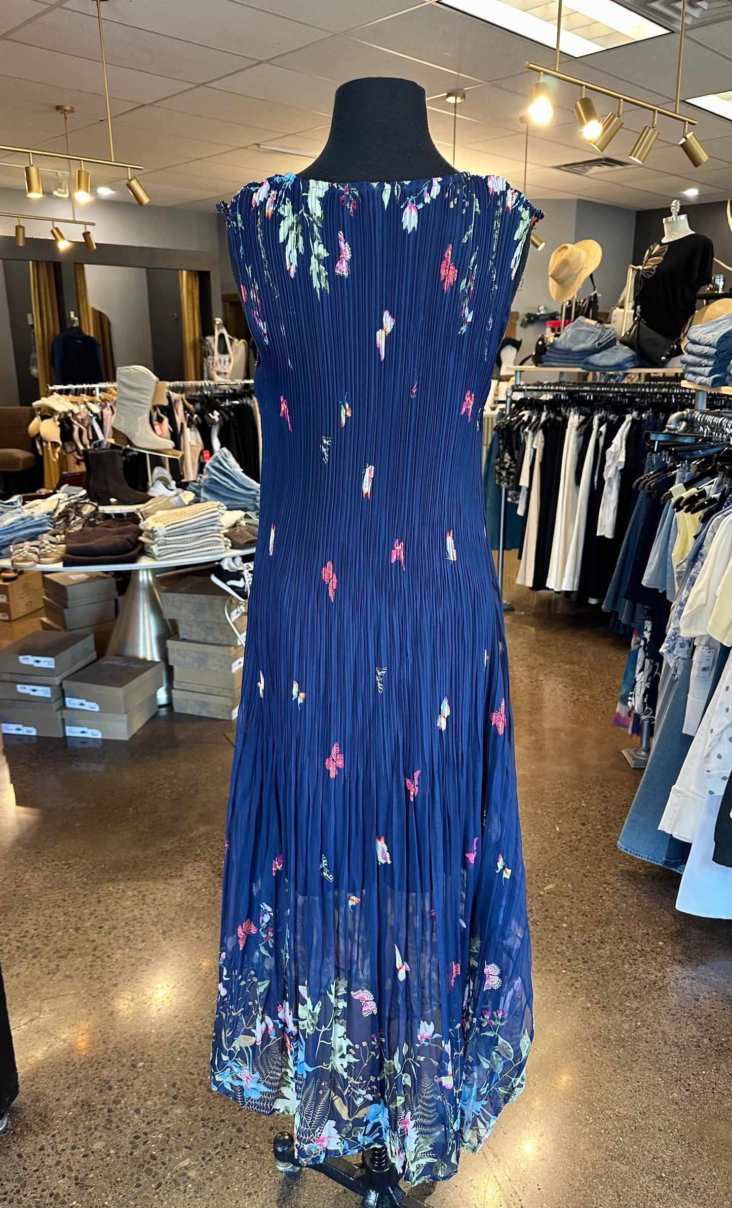 Picadilly Pleated Navy Dress W/ Butterflies