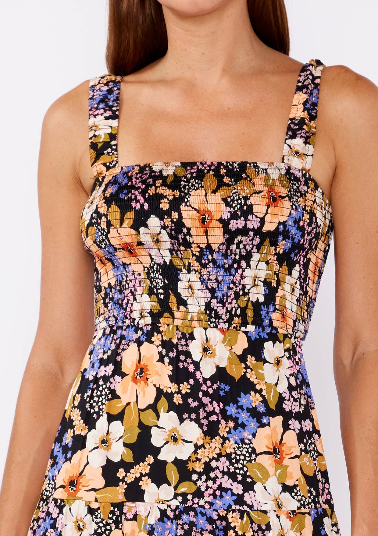 Floral Satin Smocked Tiered Maxi Dress: Black/Dusty Coral / S