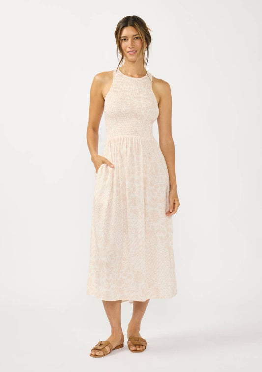 Lovestitch Smocked Bodice Tie Back Midi Dress Shell Cream