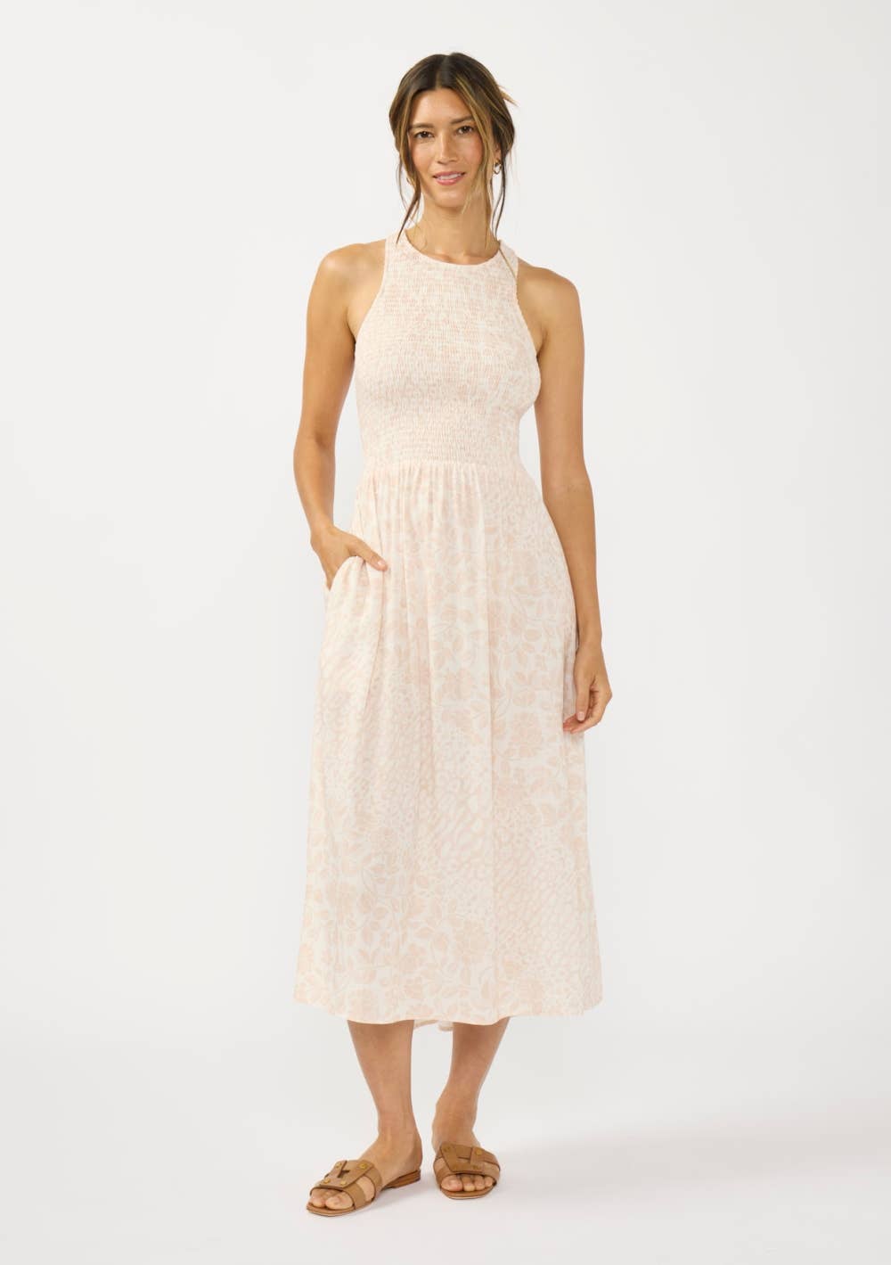 Smocked Bodice Tie Back Midi Dress: SHELL/CREAM / L