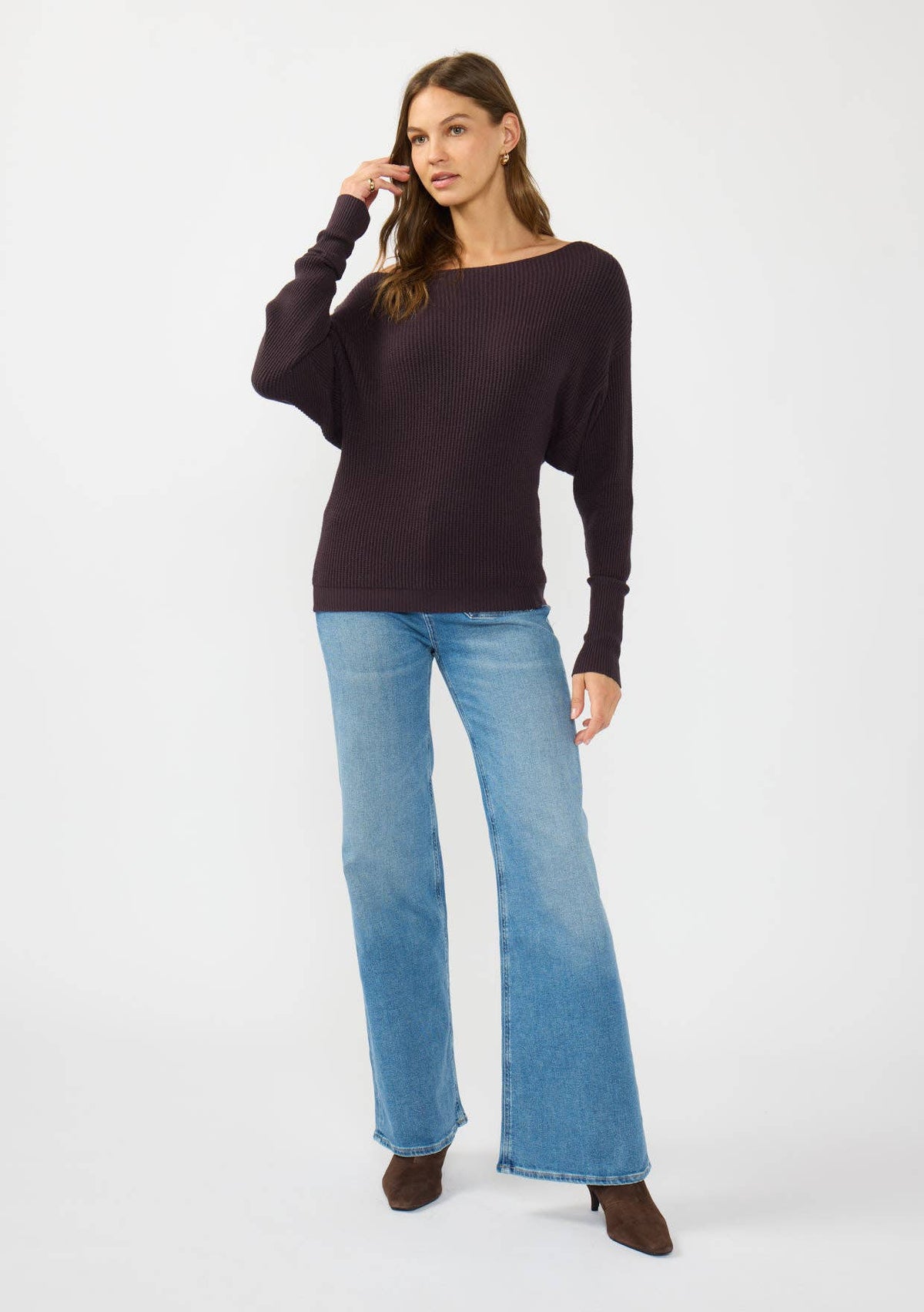 Long Sleeve Waffle Knit Pullover Sweater: Natural / L