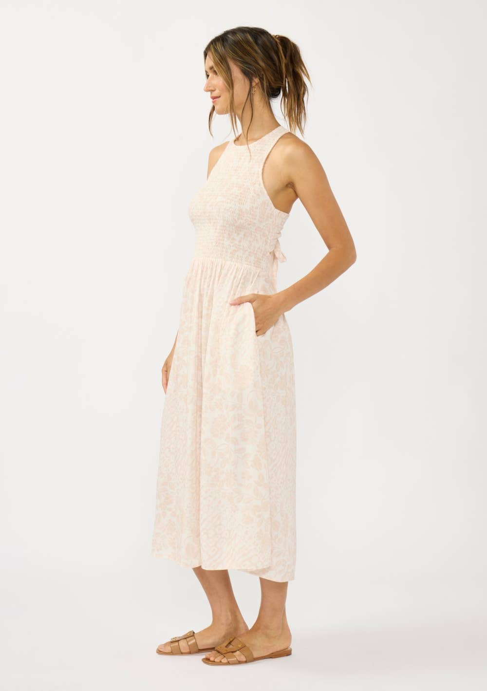 Smocked Bodice Tie Back Midi Dress: SHELL/CREAM / M