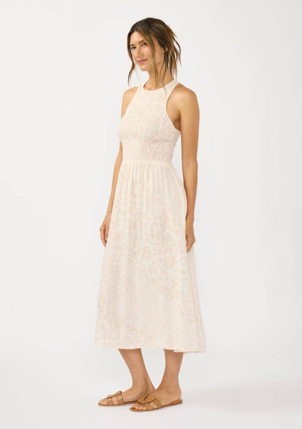 Smocked Bodice Tie Back Midi Dress: SHELL/CREAM / S
