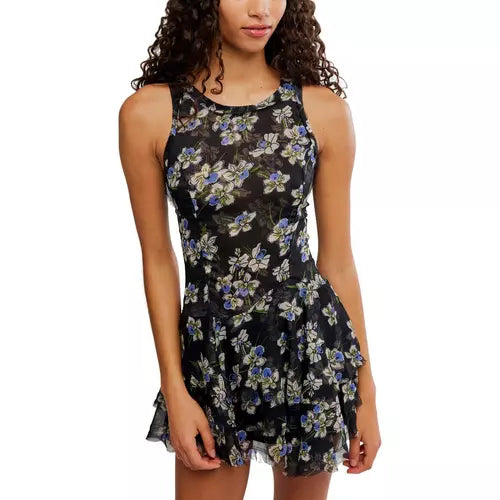 Free People Raven Printed Mini Dress Midnight Combo