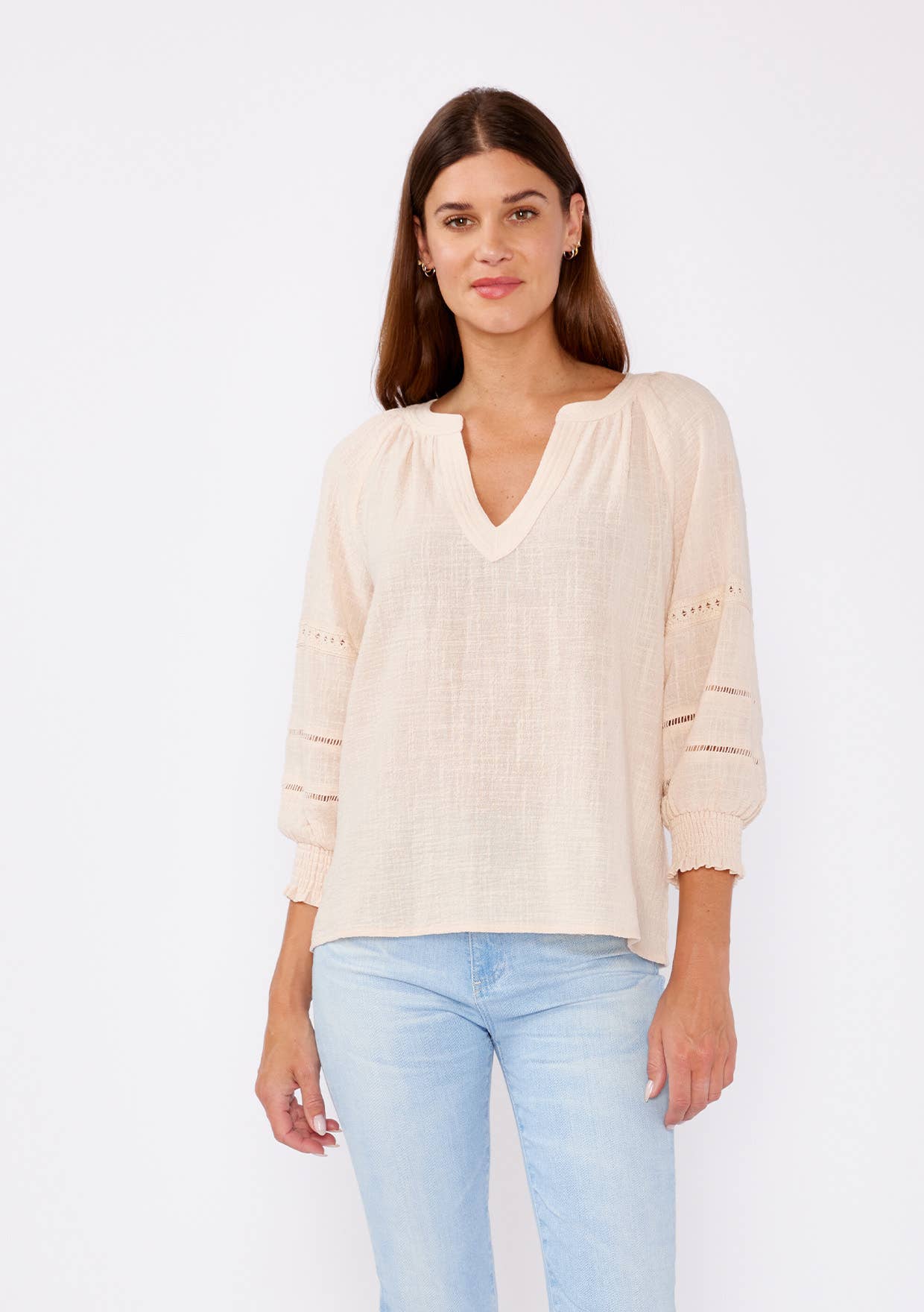 Smocked 3/4 Sleeve Lace Trim Blouse